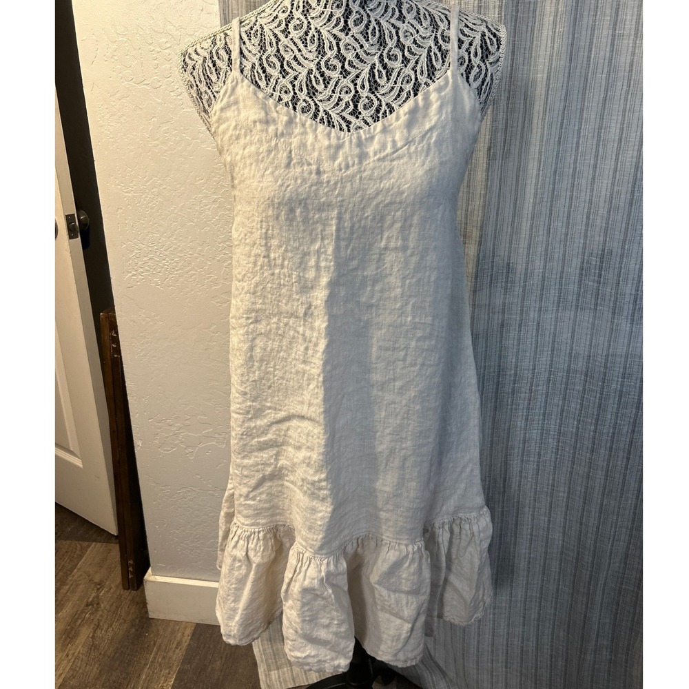 Bellavita Midi Dress Womens Large Ivory Italian Linen Spaghetti Strap Ruffle Hem